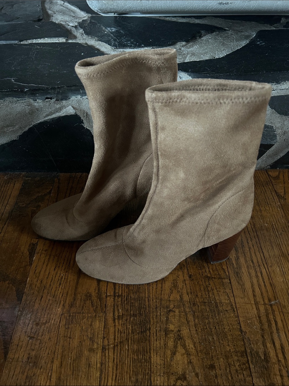 Vince Camuto Taupe Suede Ankle Boots with Stacked Heel
